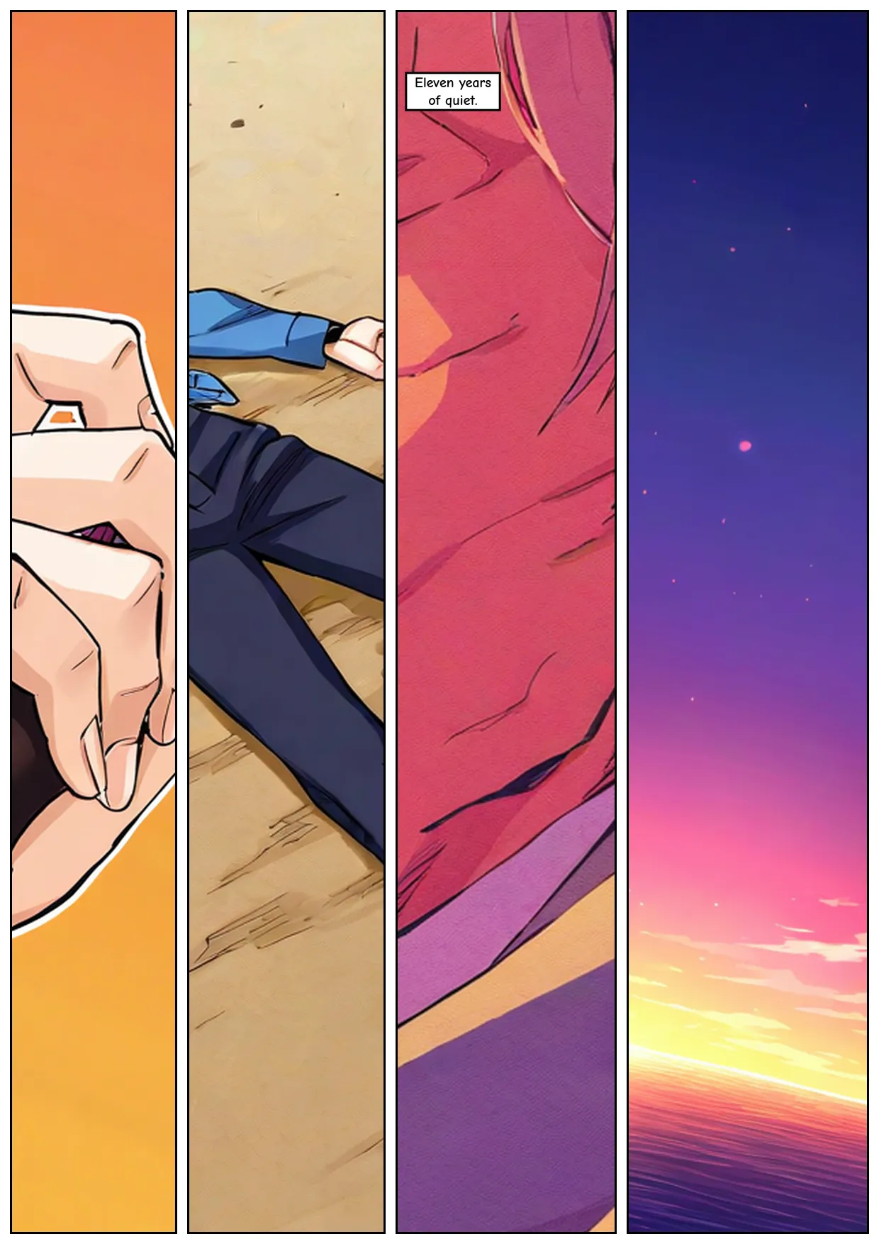 Colour demo page one: four tall vertical panels at sunset