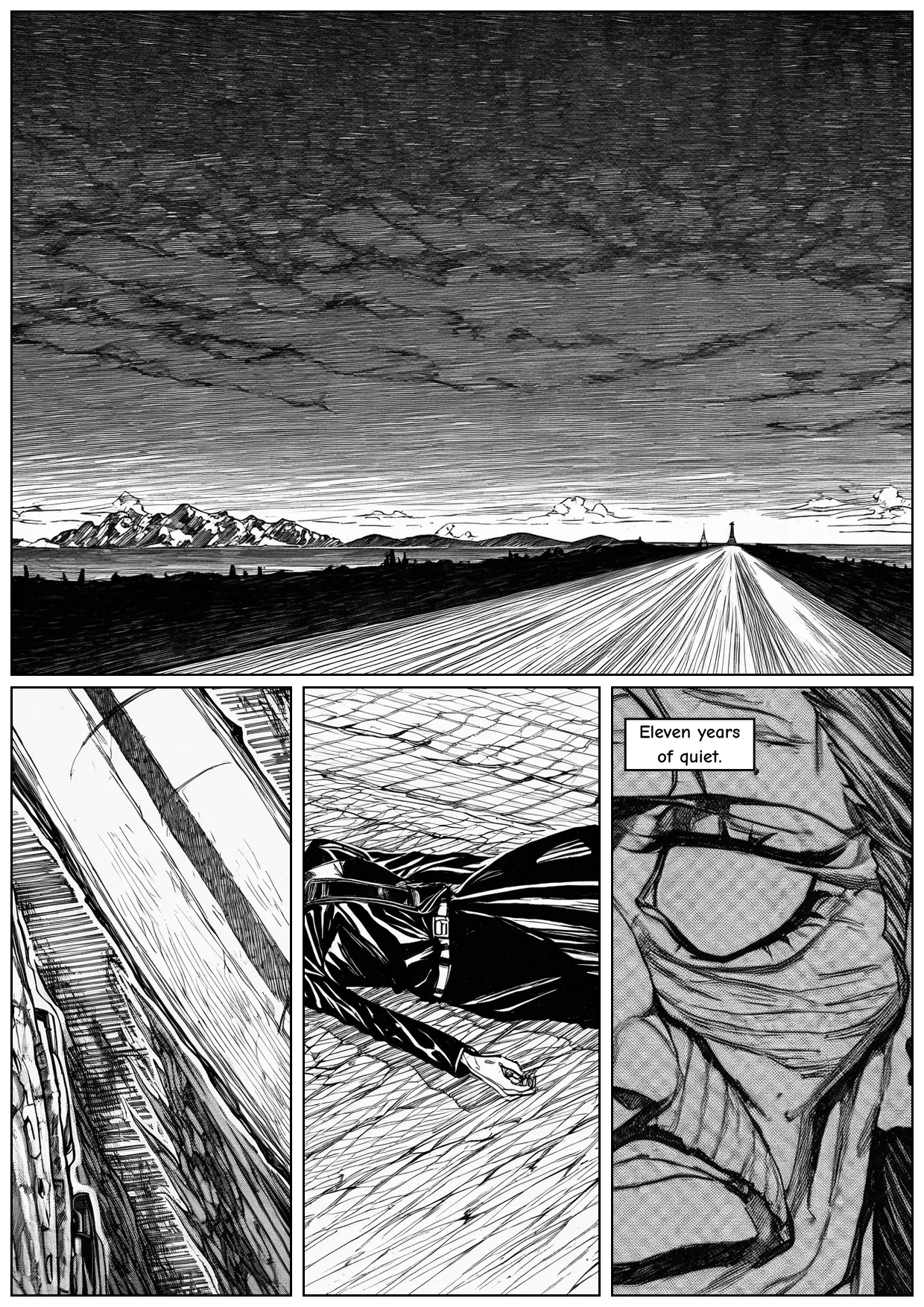 Monochrome demo page one: stormy lighthouse establishing page with narration