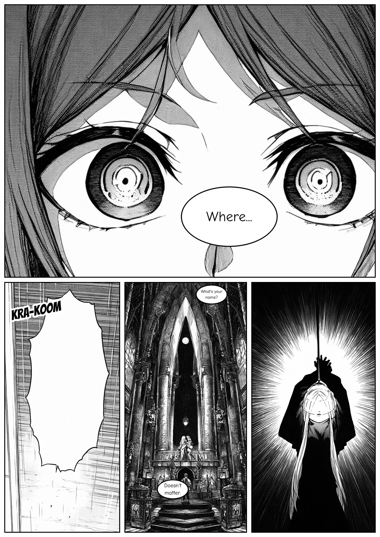 Monochrome demo page three: dialogue begins, rain against the window