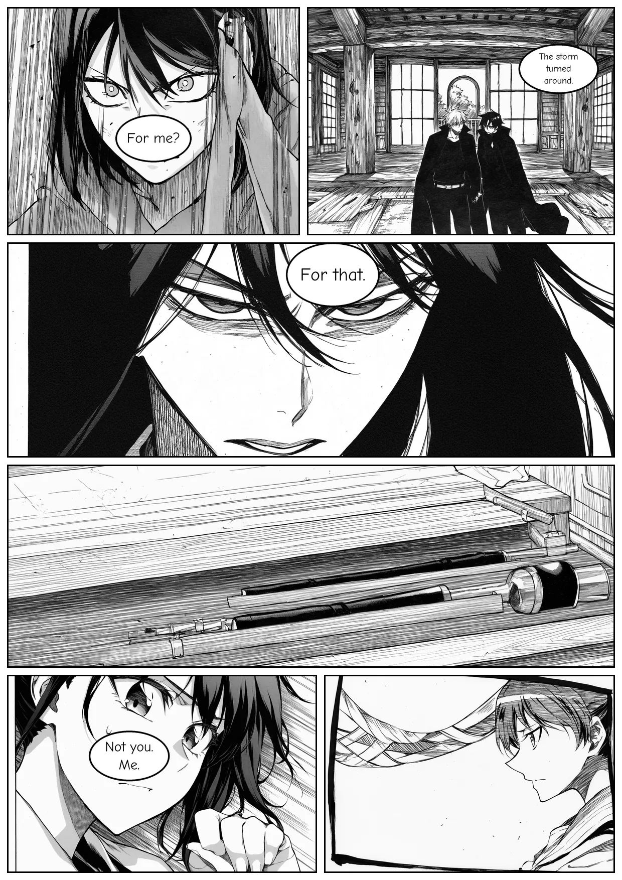 Generated monochrome manga conversation page using a six-panel Kanojo Okarishimasu layout under Bleach-style ink