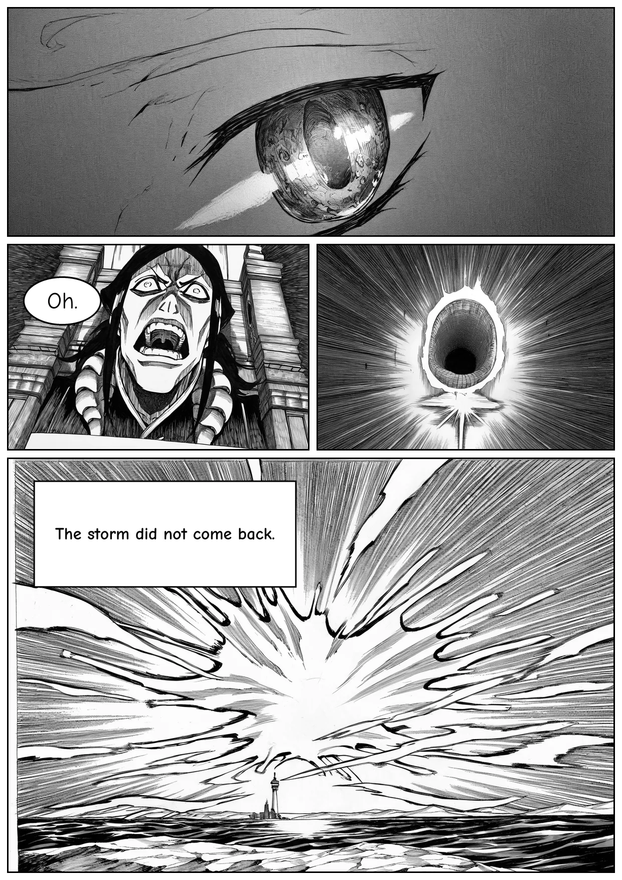 Monochrome demo page five: seal breaking, light spilling, dawn