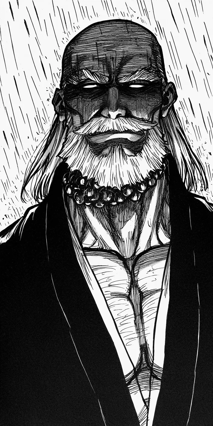 Close-up of a heavy-featured bearded elder in dark robes, drawn as black ink on white