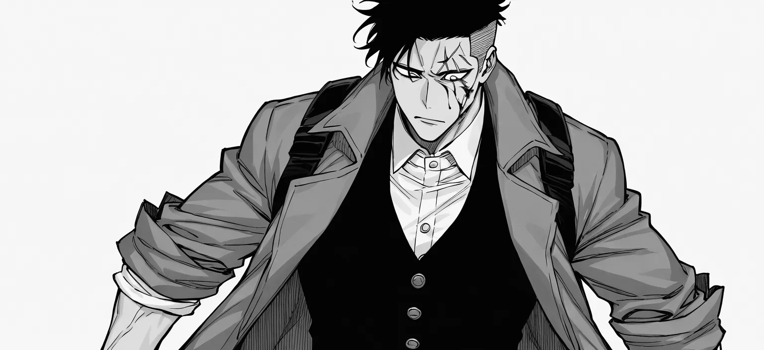 Close-up of the scarred protagonist in a grey trench coat against an empty background