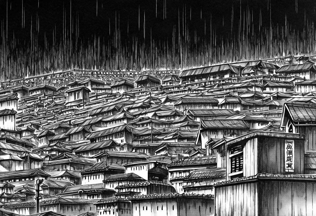 A dense tiled-roof townscape under heavy rain, prompted as a Tokyo skyline at dawn