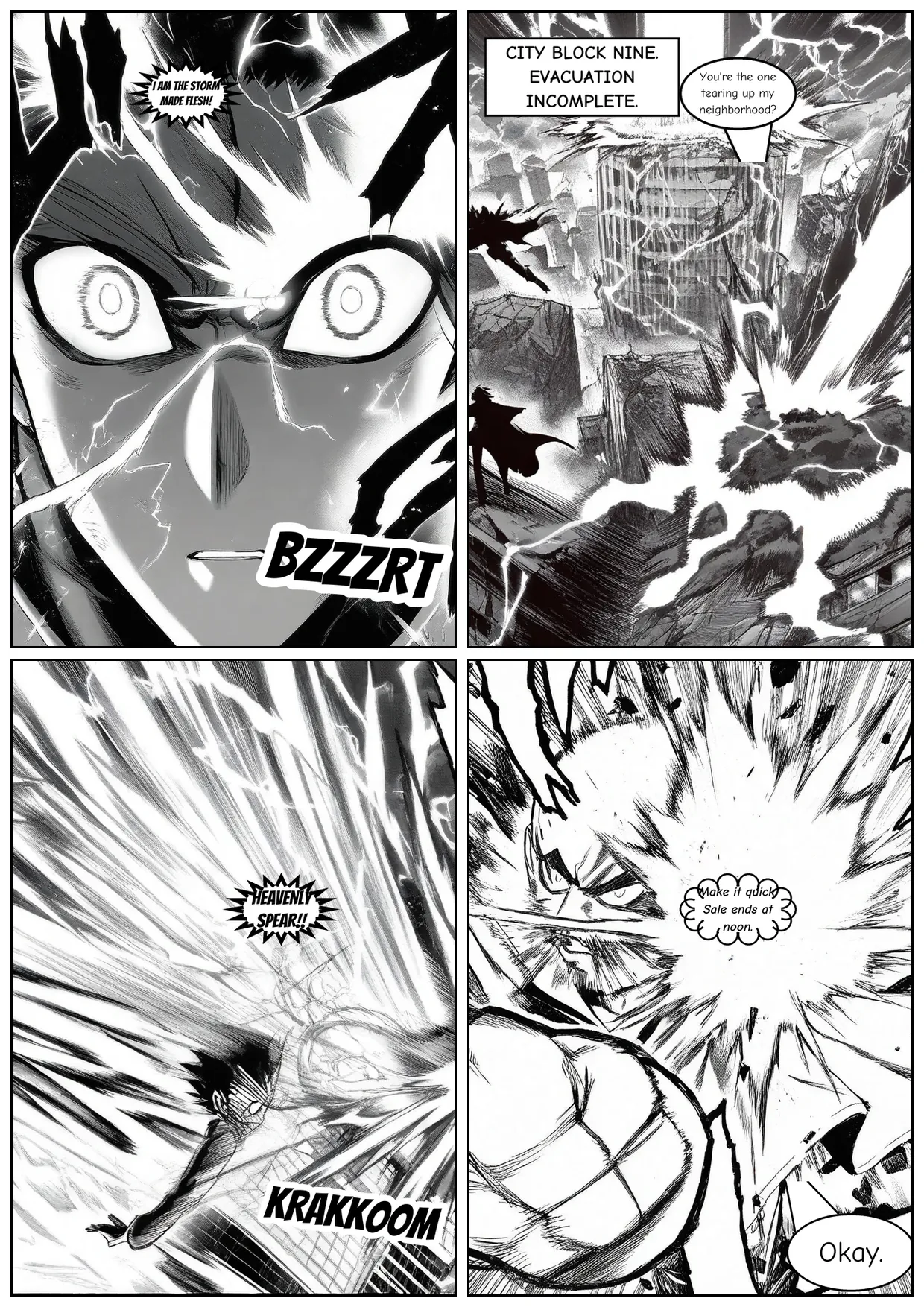 Composed manga demo page assembled from monochrome LoRA renders with deterministic lettering