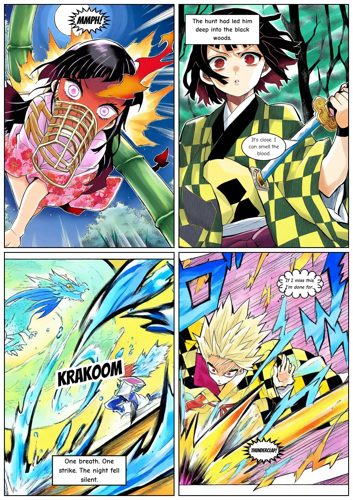 Composed color manga demo page assembled from Kimetsu color LoRA renders