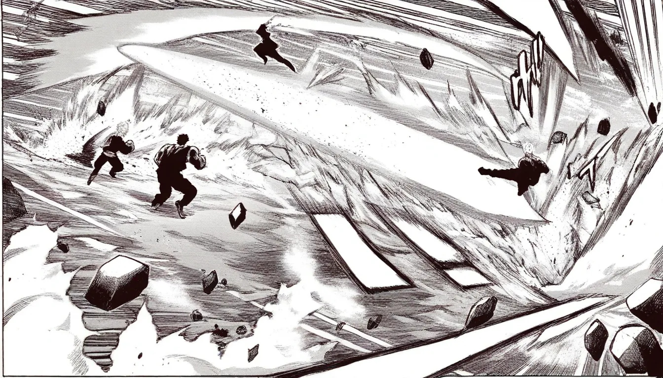 Generated wide monochrome manga panel of a fighter clash