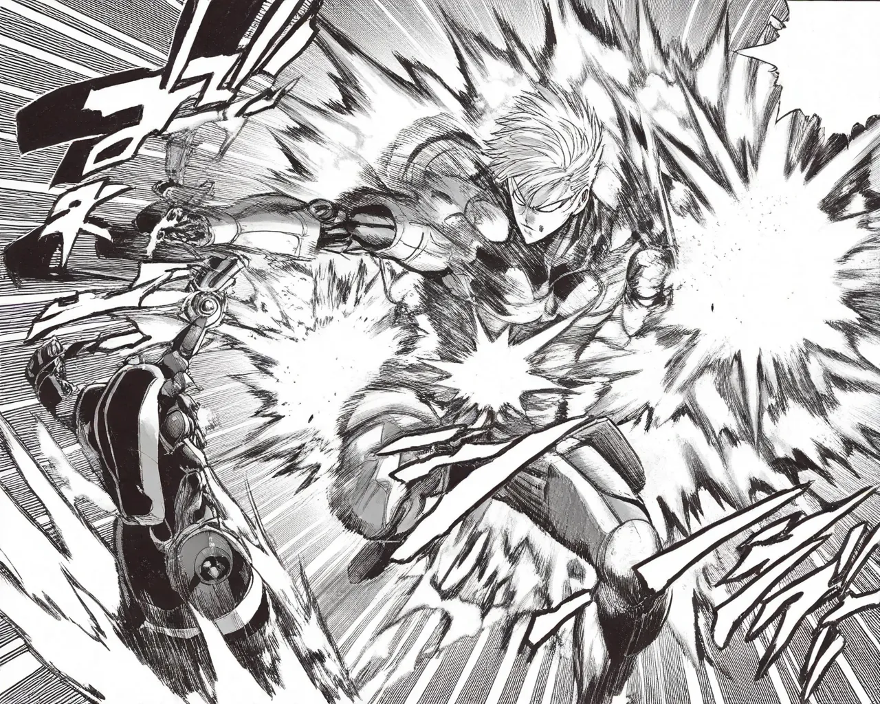 Generated monochrome manga panel of a cyborg action scene with speed lines and impact effects