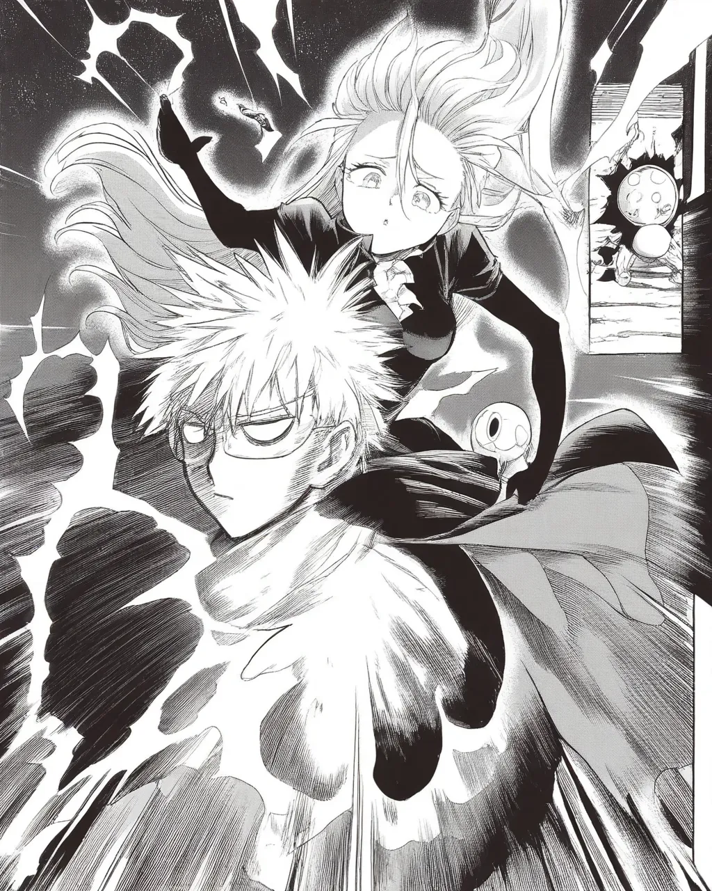 Generated monochrome manga portrait of a floating esper